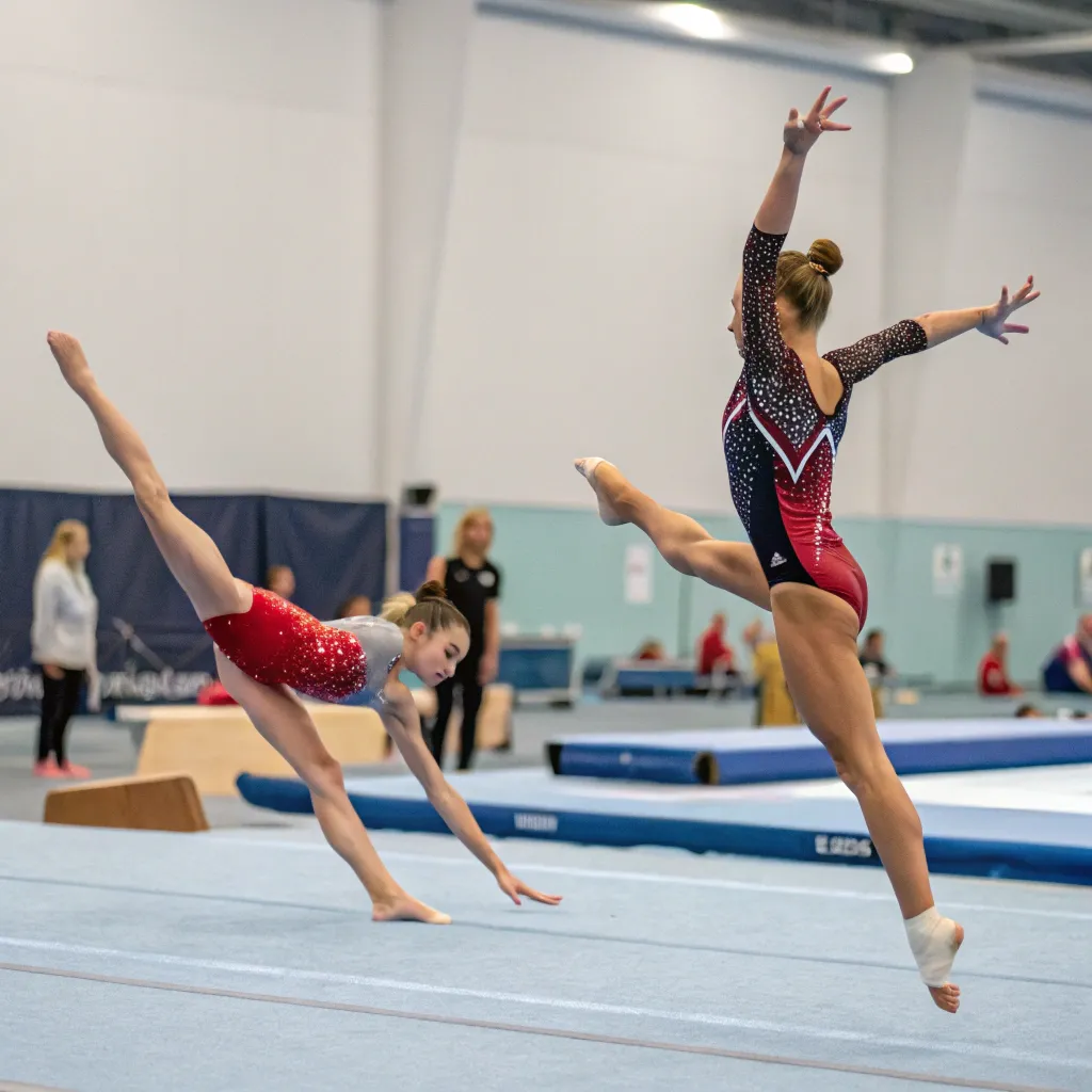 Advanced gymnasts performing routines