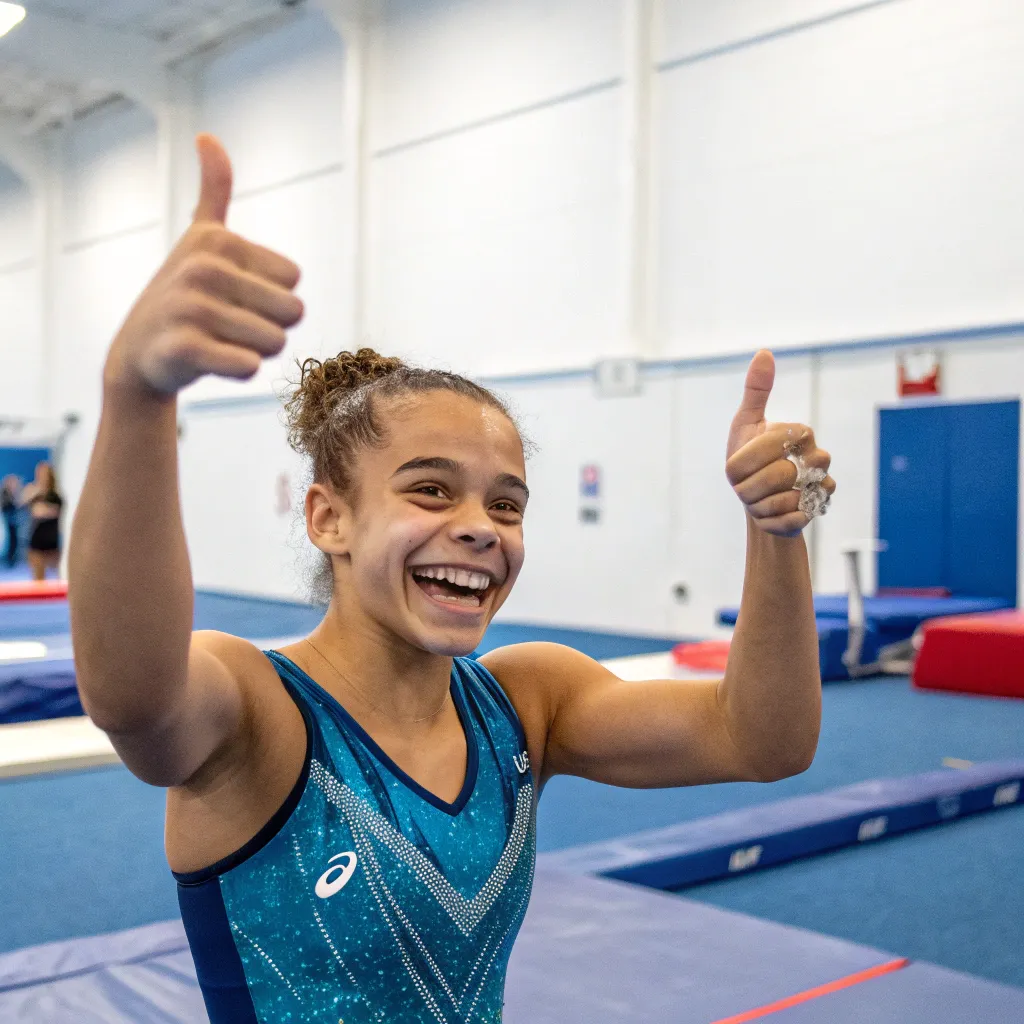 Happy gymnast showing thumbs up